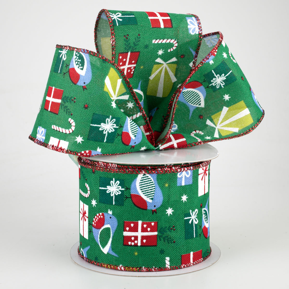 2.5" Bird & Christmas Present Ribbon: Emerald Green, Red, Blue (10 Yards) Lifestyle Photo