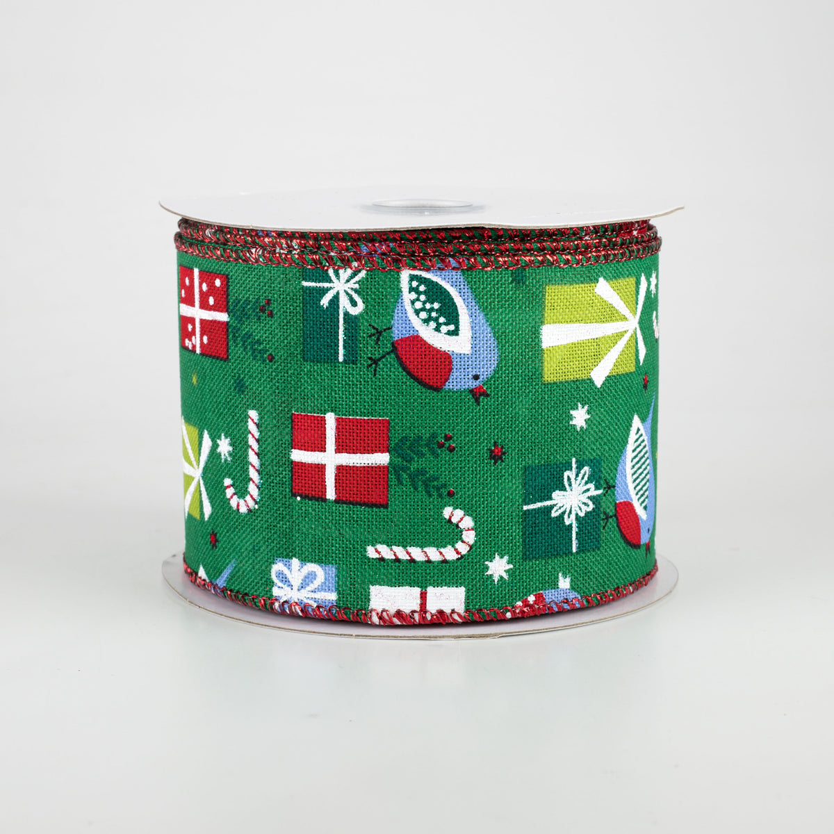 2.5" Bird & Christmas Present Ribbon: Emerald Green, Red, Blue (10 Yards) Item Number: 71014-40-04