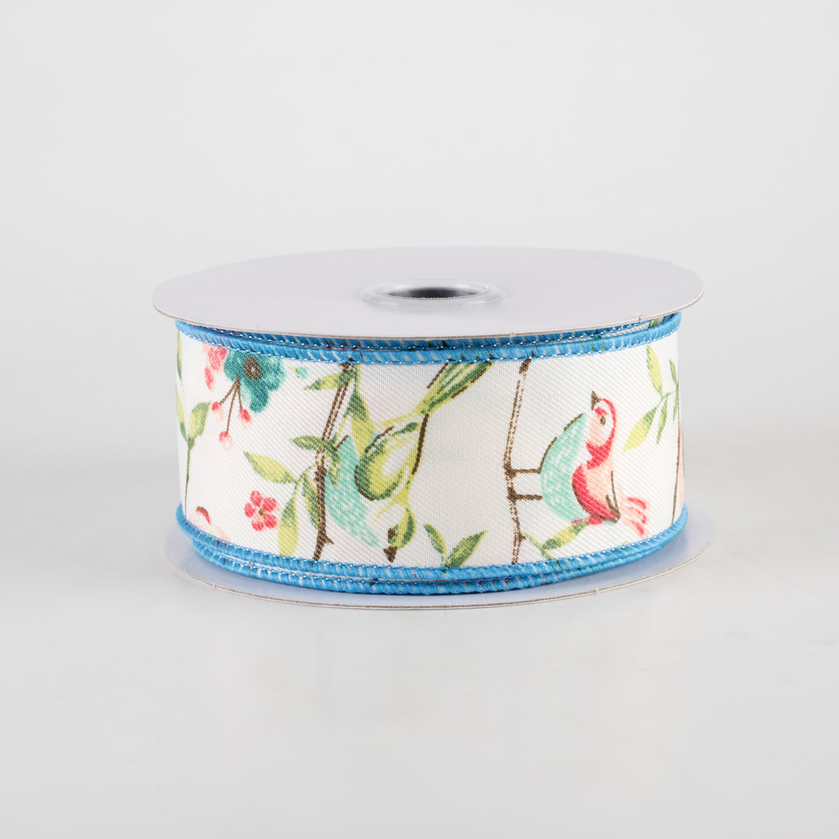 1.5" Birds With Floral Branches Ribbon: Ivory, Green, Teal, Rose (10 Yards)