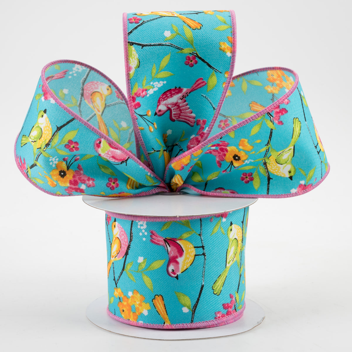 2.5" Birds With Floral Branches Ribbon: Turquoise, Pink, Yellow (10 Yards) Lifestyle Photo