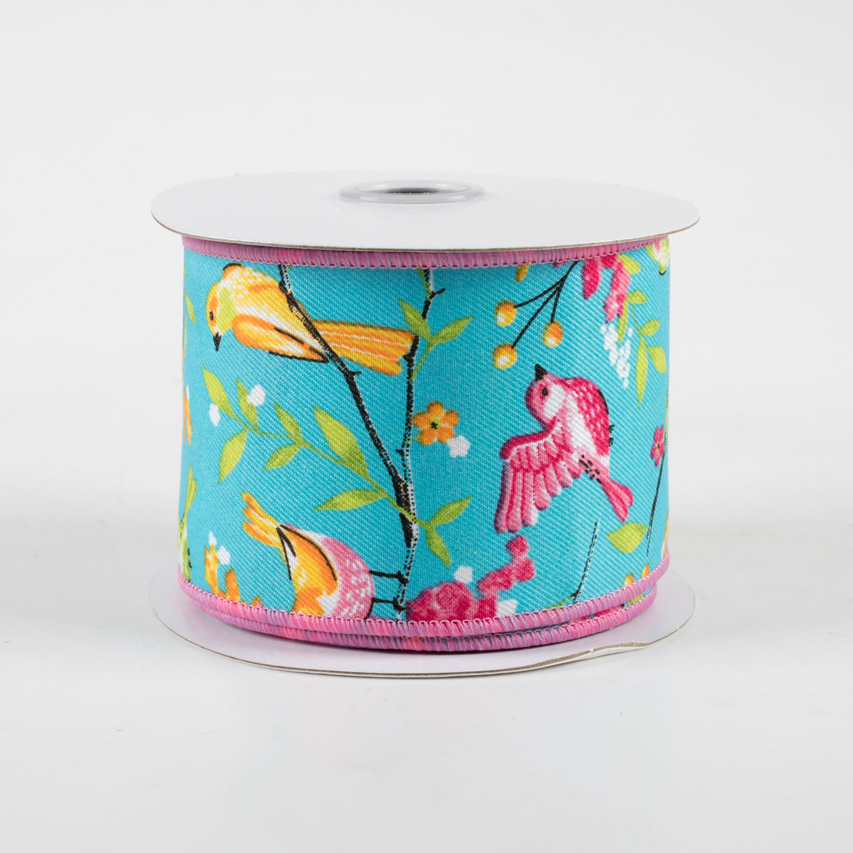 2.5" Birds With Floral Branches Ribbon: Turquoise, Pink, Yellow (10 Yards)