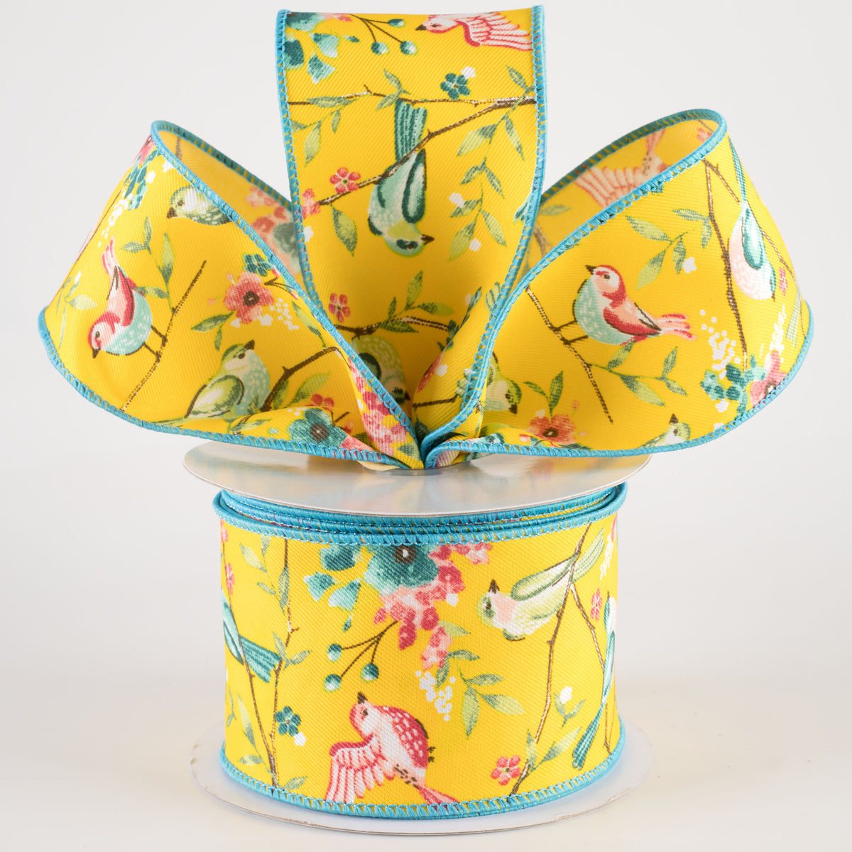 2.5" Birds With Floral Branches Ribbon: Yellow, Teal, Pink (10 Yards) Lifestyle Photo