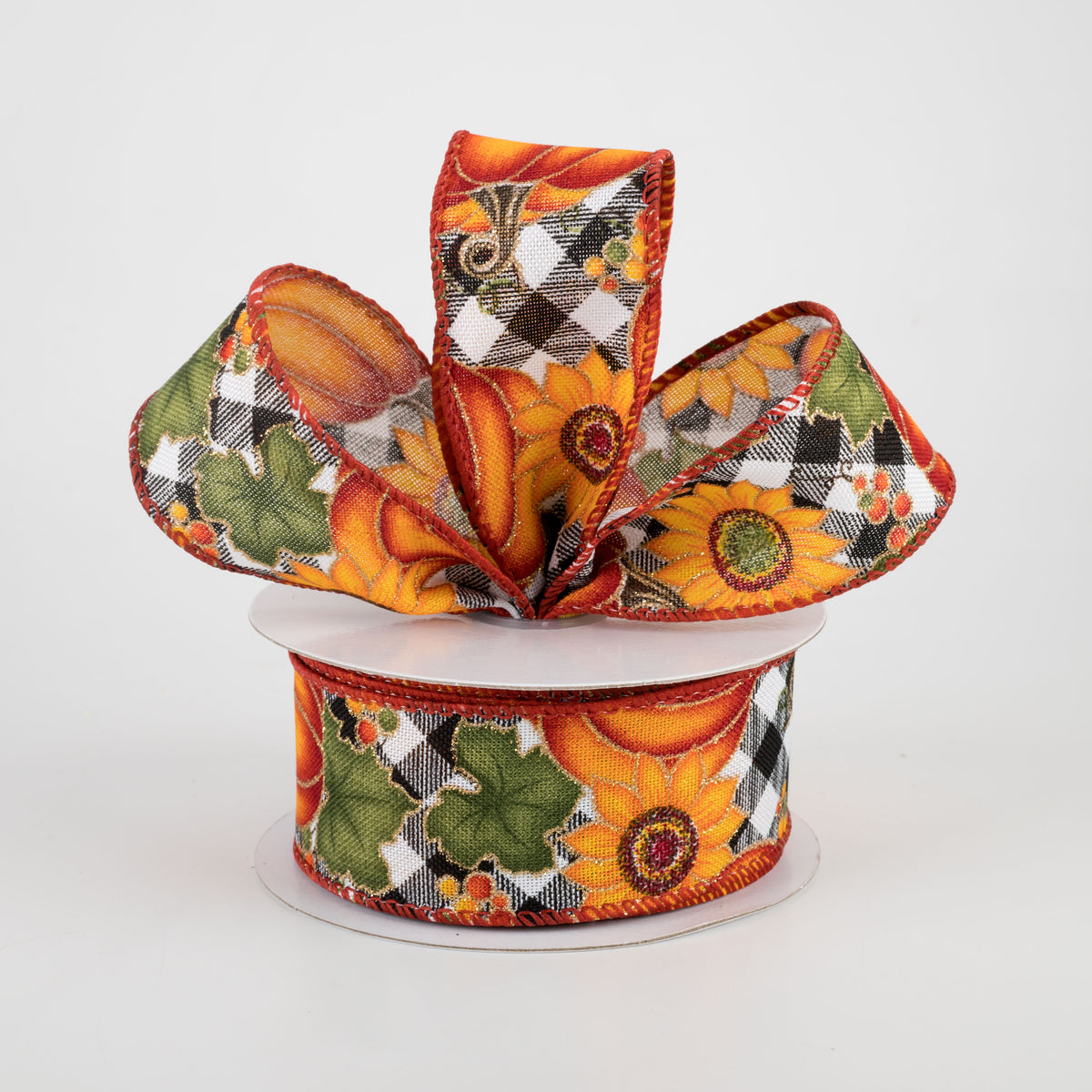 1.5" Black & White Buffalo Plaid Pumpkin, Sunflower Ribbon (10 Yards) Lifestyle Photo