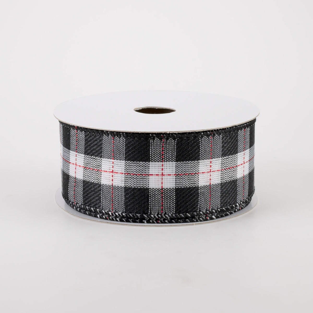 1.5" Black & White Buffalo Plaid Ribbon: Red Stitching (10 Yards) Item Number: 72136-09-01