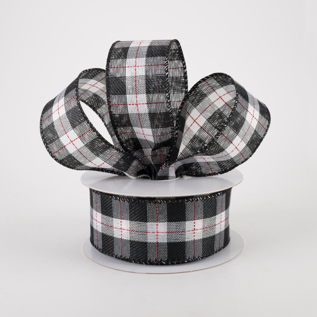 1.5" Black & White Buffalo Plaid Ribbon: Red Stitching (10 Yards) Lifestyle Photo