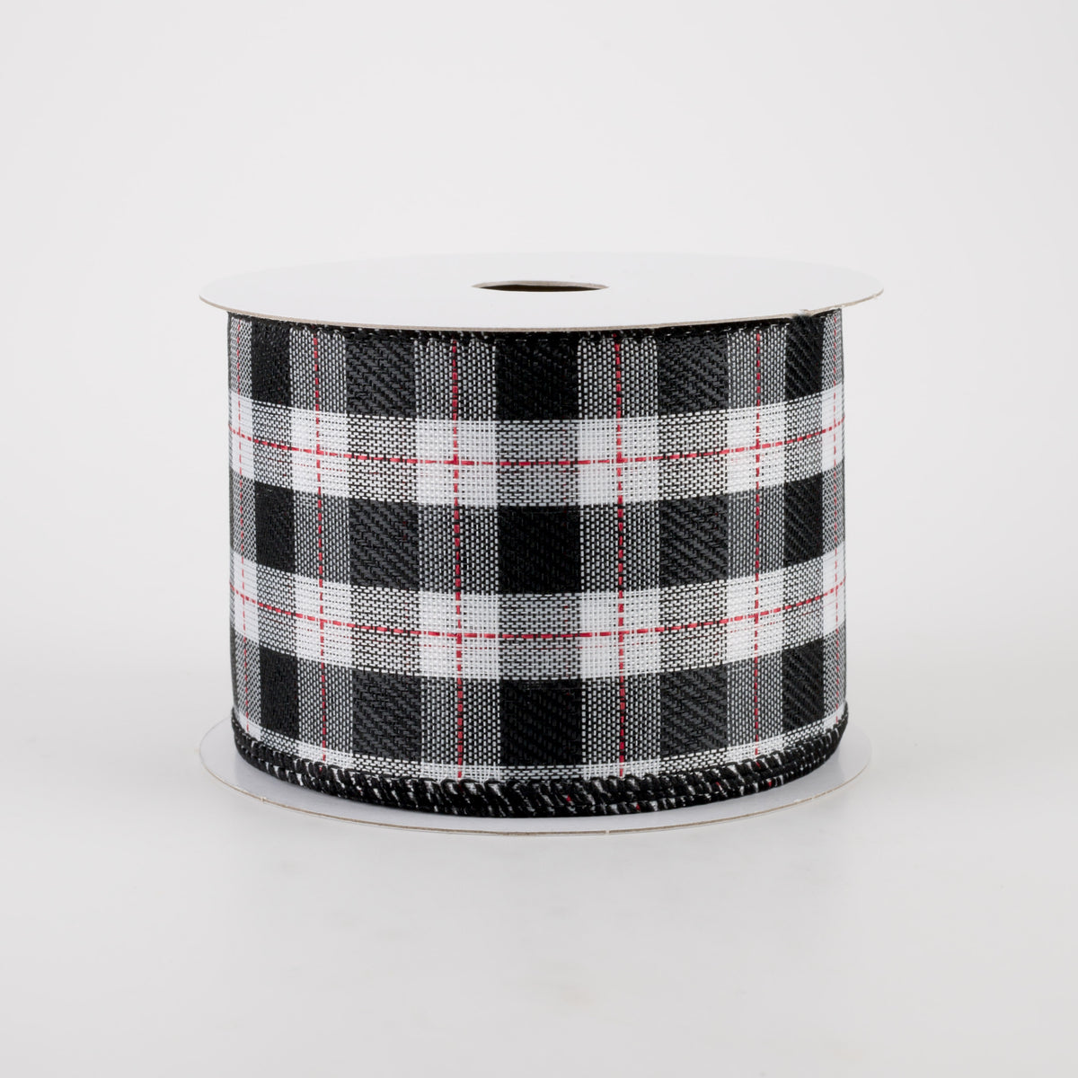 2.5" Black & White Buffalo Plaid Ribbon: Red Stitching (10 Yards)