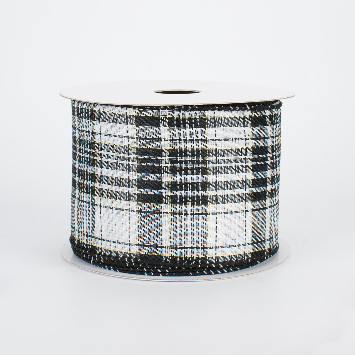 2.5" Black, White & Gold Plaid with Foil Ribbon (10 Yards)