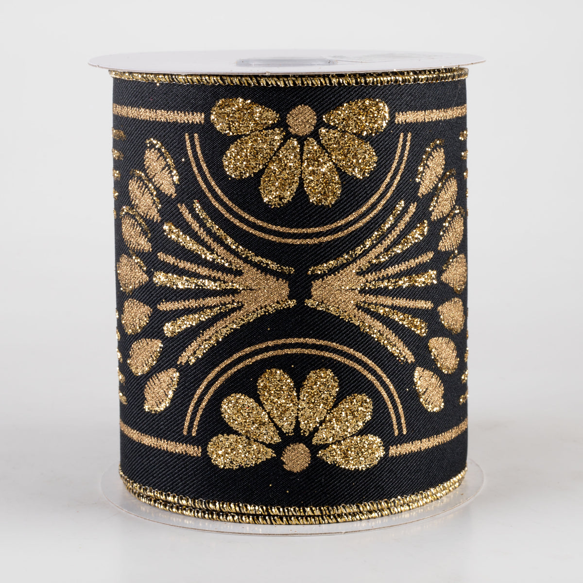 4" Bold Glittered Art Deco Ribbon: Black (10 Yards)