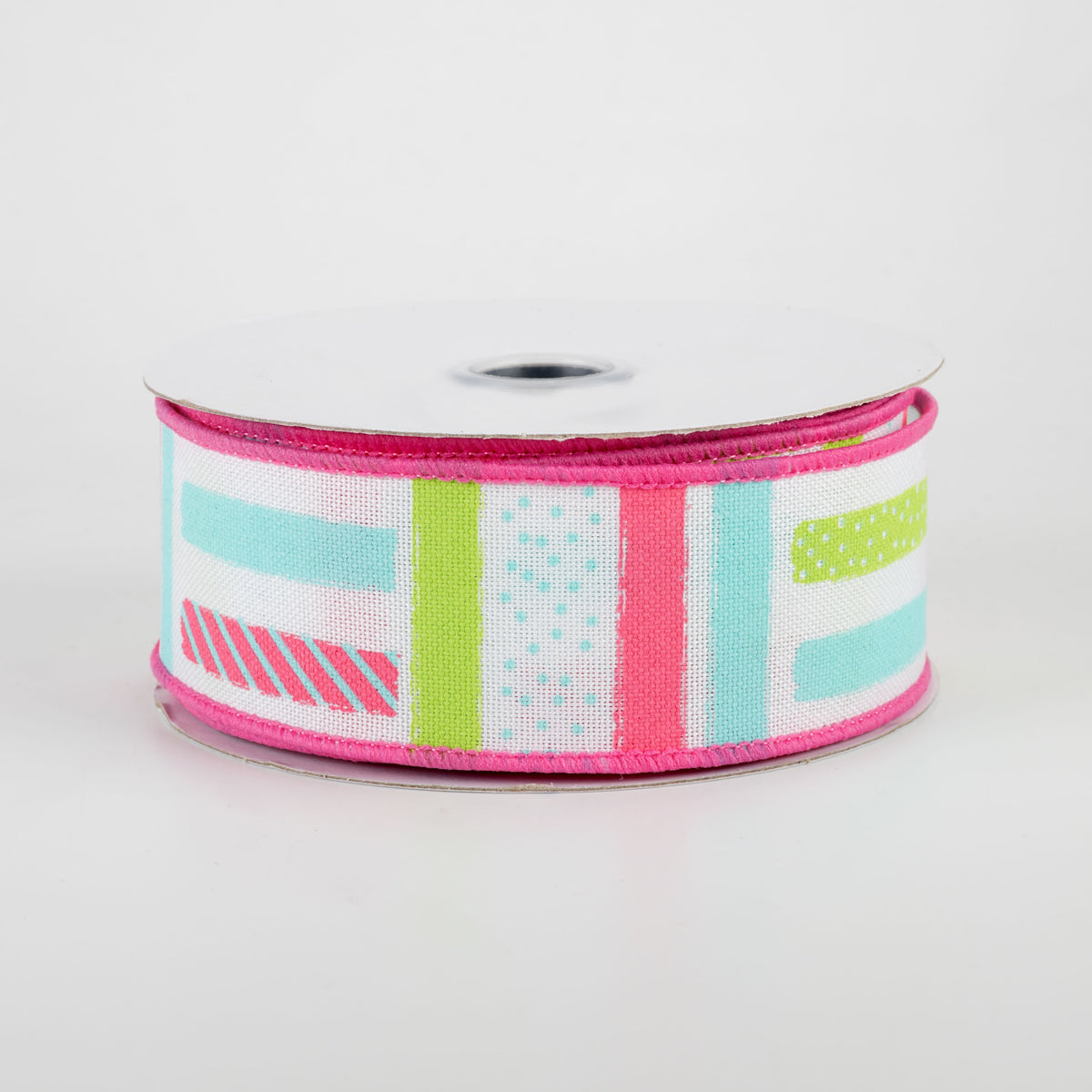 1.5" Brush Stroke Stripes Dots Ribbon: White, Pink, Teal, Light Green (10 Yards)