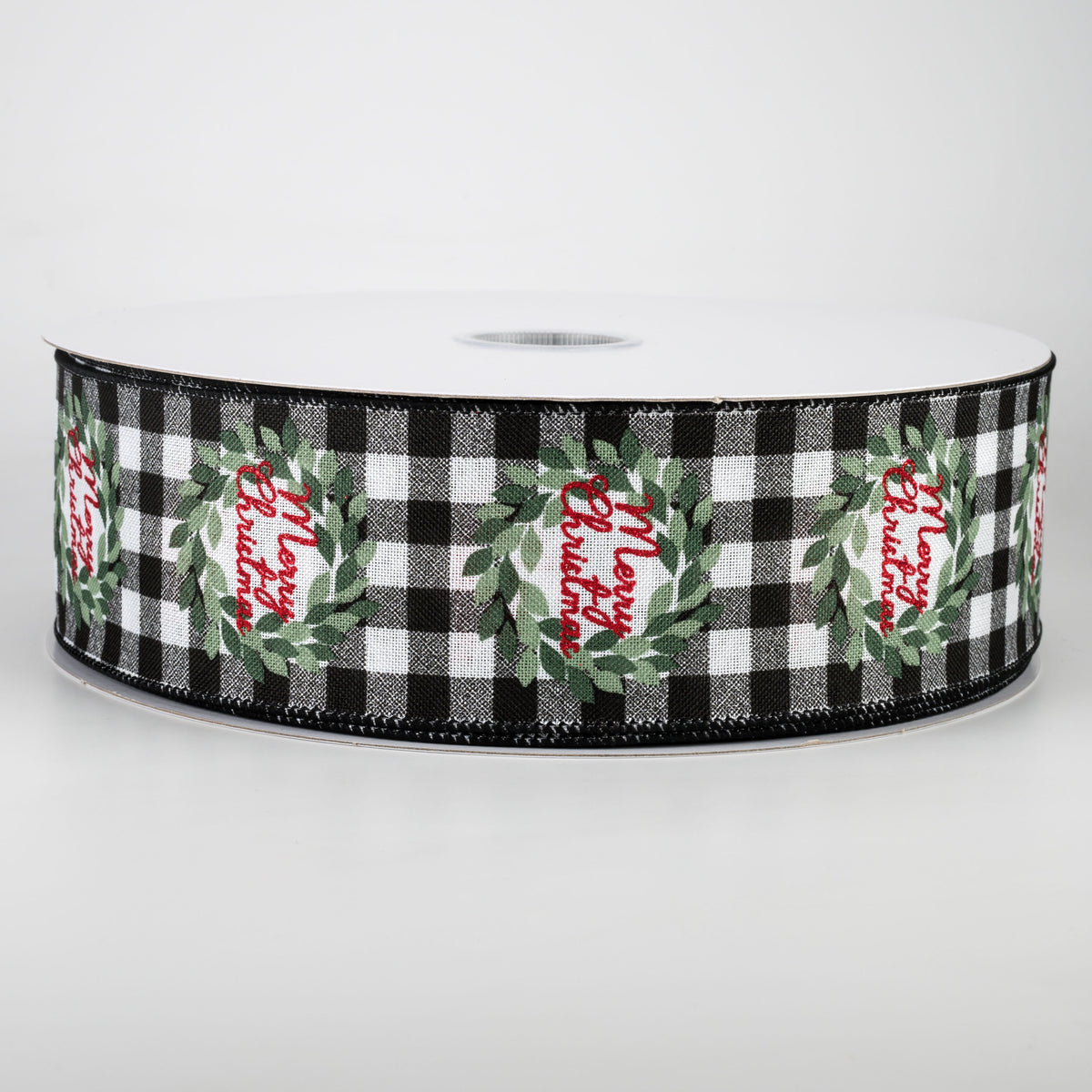 2.5" Buffalo Check Merry Christmas Wreath Ribbon: Black & White (50 Yards)
