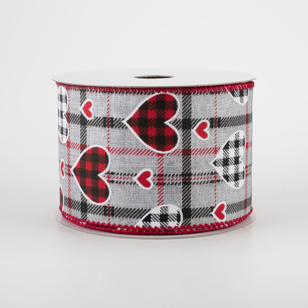 2.5" Buffalo Plaid Hearts on Plaid Ribbon: Grey, Black, Red (10 Yards) Item Number: 11208-40-51