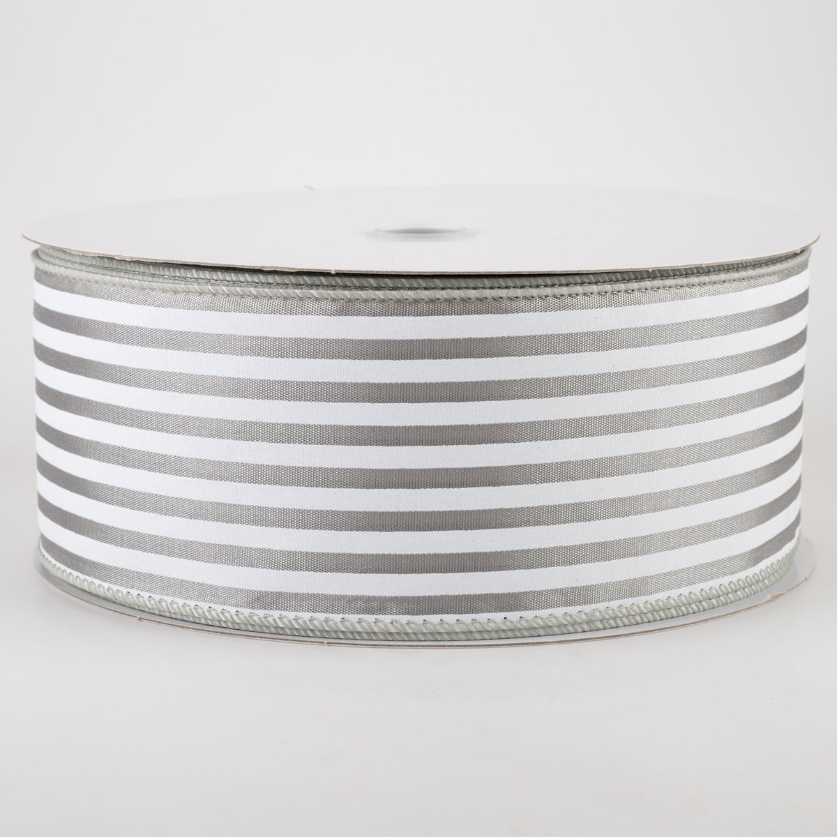 2.5" Cabana Stripes Ribbon: White on Grey Satin (50 Yards)