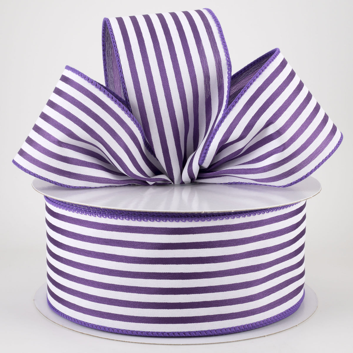 2.5" Cabana Stripes Ribbon: White on Purple Satin (50 Yards) Lifestyle Photo