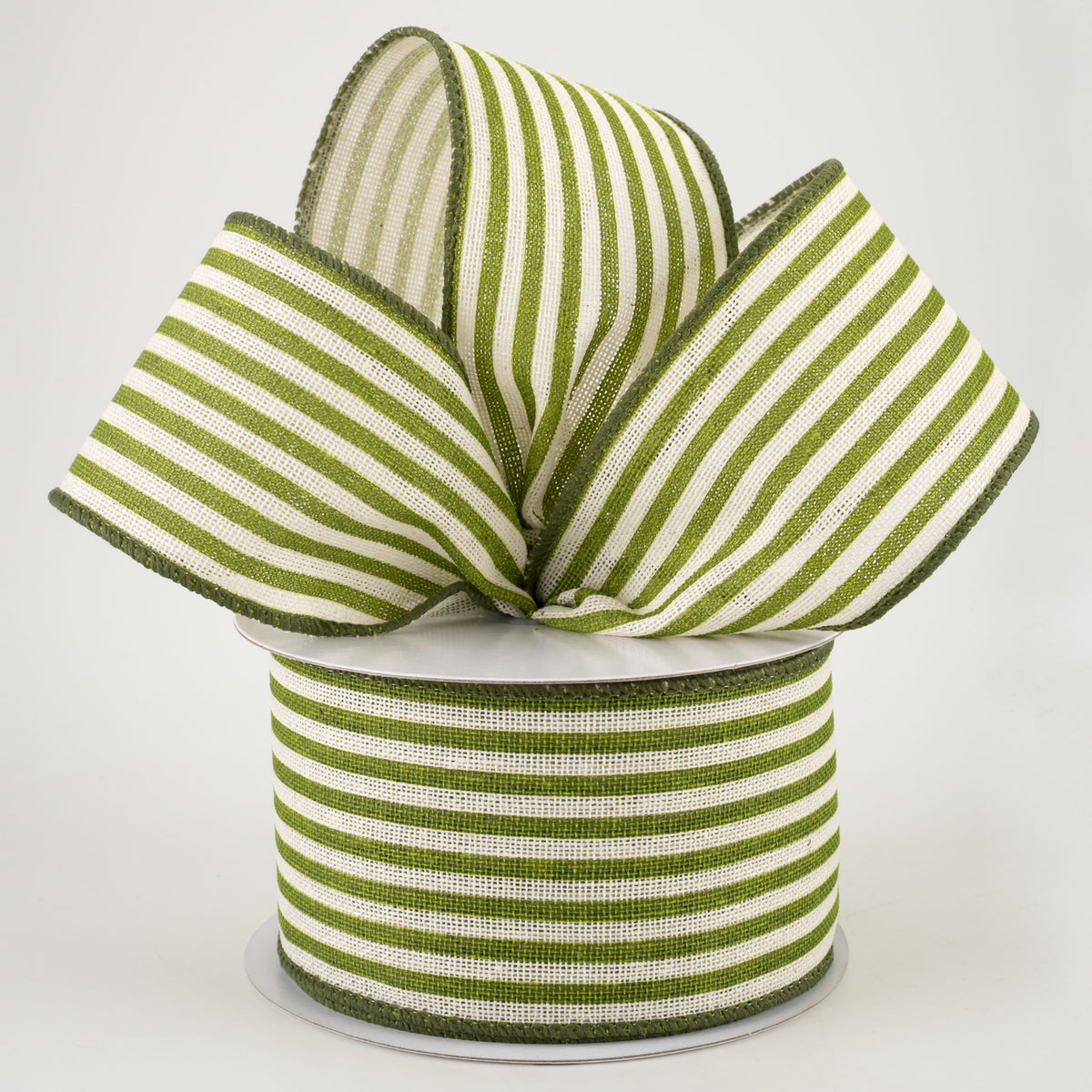 2.5" Canvas Cabana Stripes Ribbon: Ivory & Kiwi Green (10 Yards) Lifestyle Photo