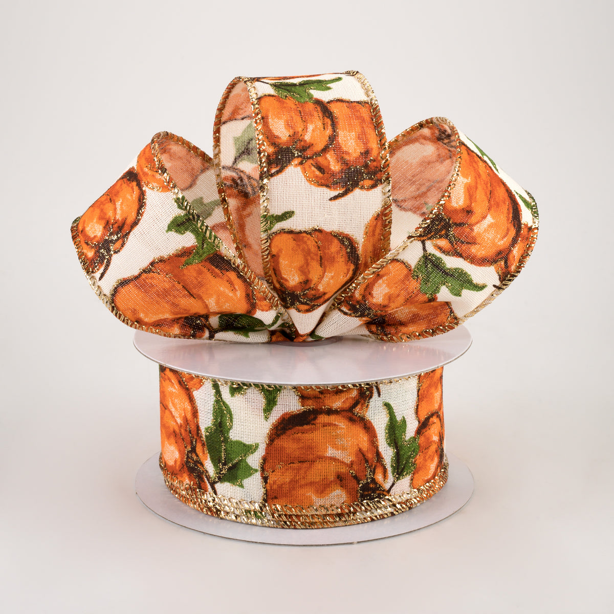 1.5" Canvas Glittered Watercolor Pumpkins Ribbon: Ivory (10 Yards) Lifestyle Photo