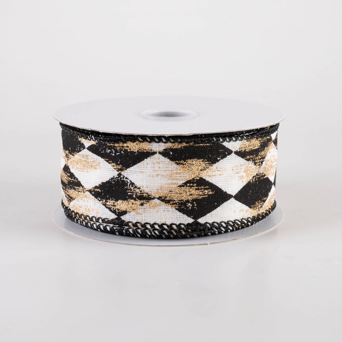 1.5" Canvas Harlequin Gold Painted Ribbon: Cream & Black (10 Yards) Item Number: 72437-09-20