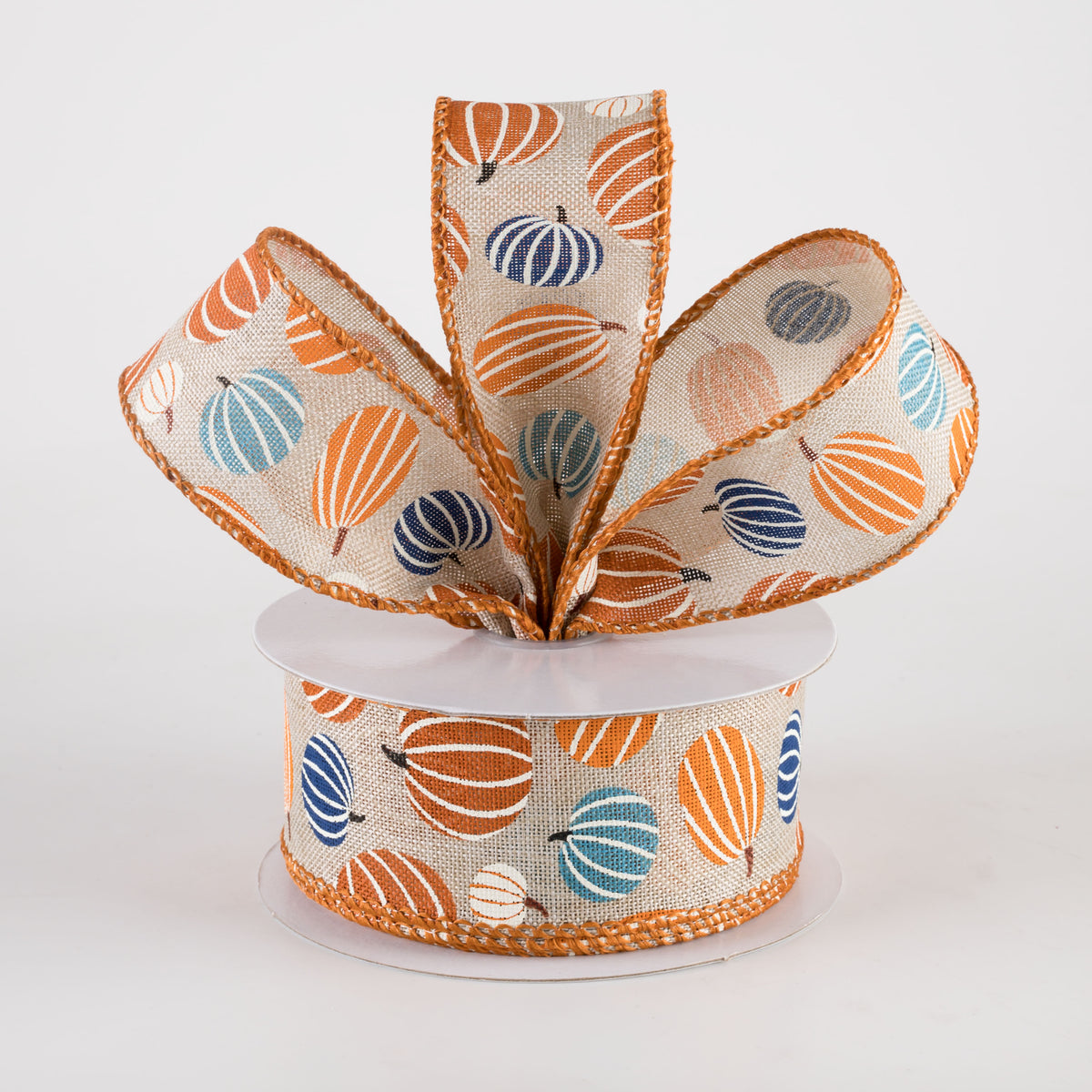 1.5" Canvas Pumpkin Stripes Ribbon: Blues & Oranges (10 Yards) Lifestyle Photo