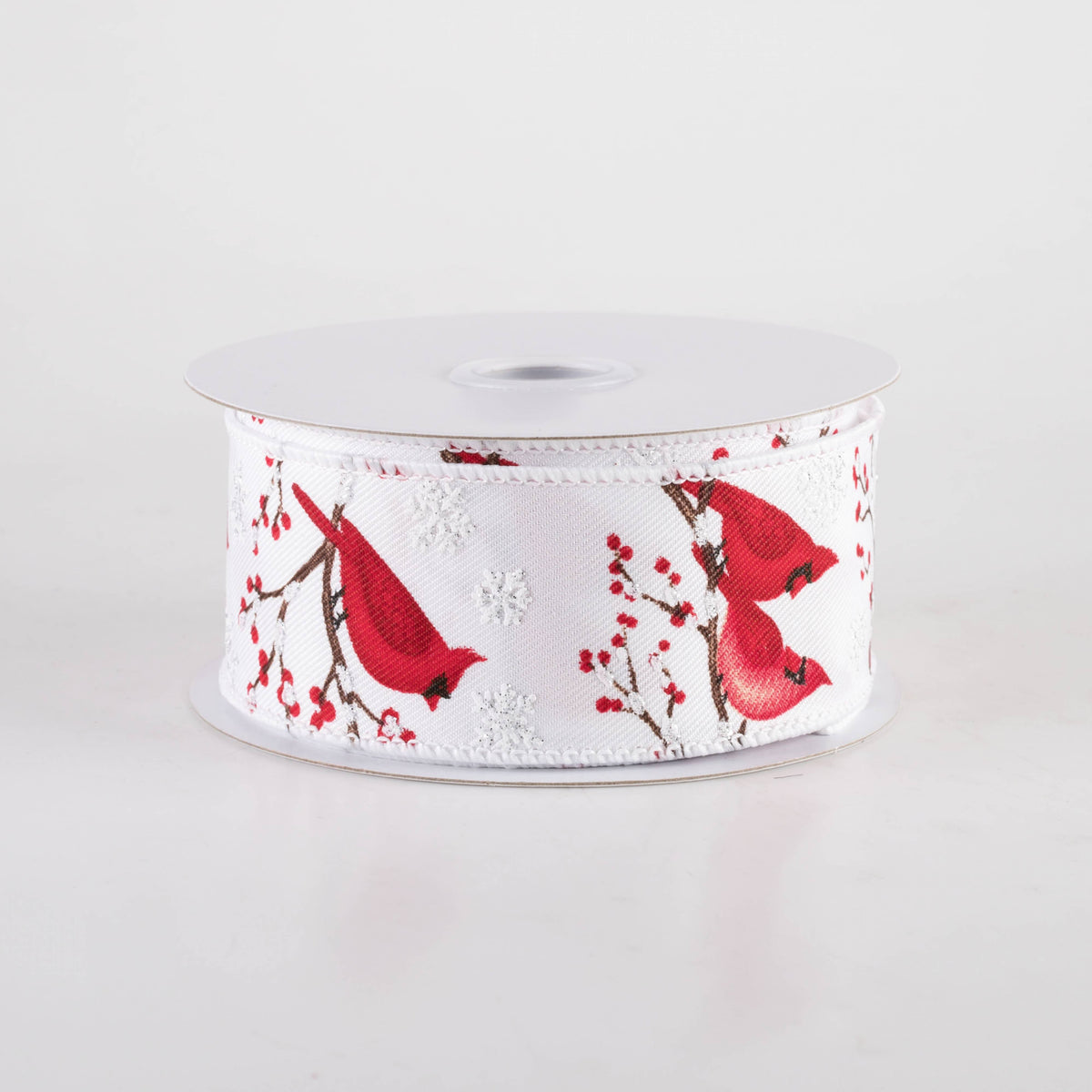 1.5" Cardinals, Snowflakes & Berries Ribbon: White (10 Yards) Item Number: RGF135827
