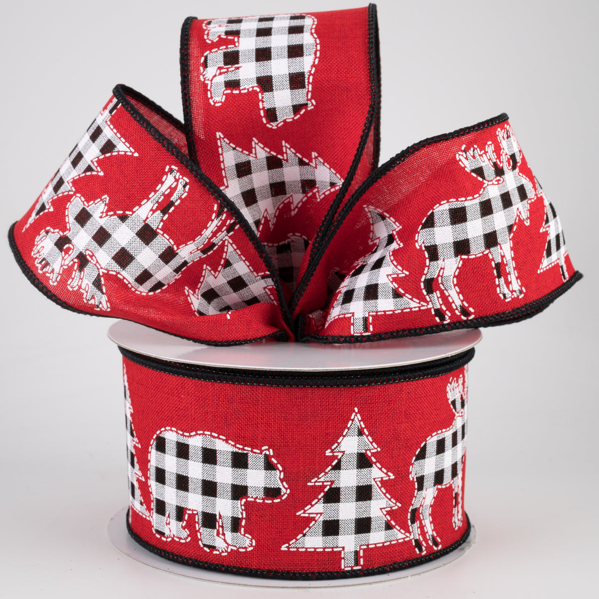 2.5" Check Bear, Moose, Tree Ribbon: Red (10 Yards) Lifestyle Photo