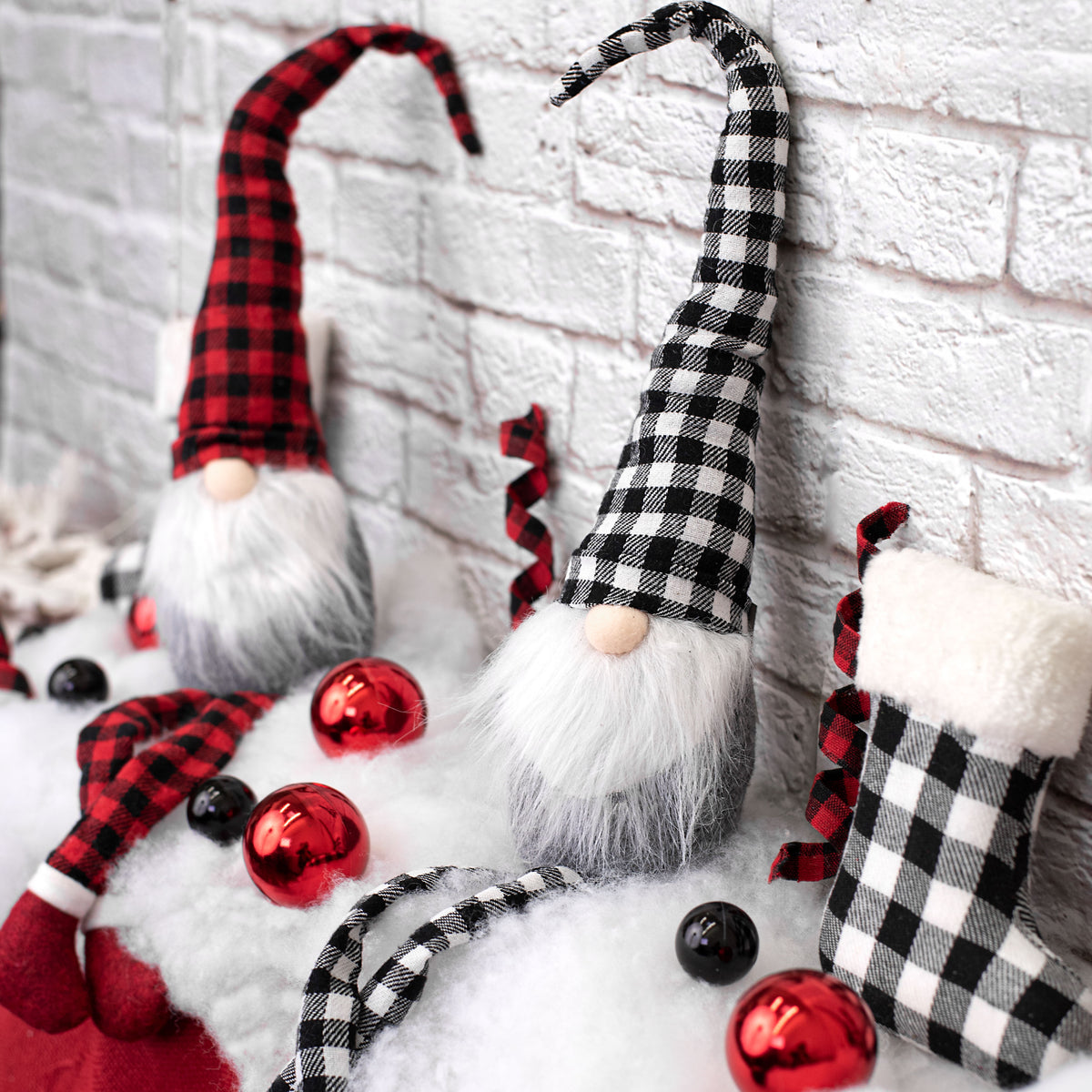 17" Check Fabric Sitting Gnome: Black & White Lifestyle Photo
