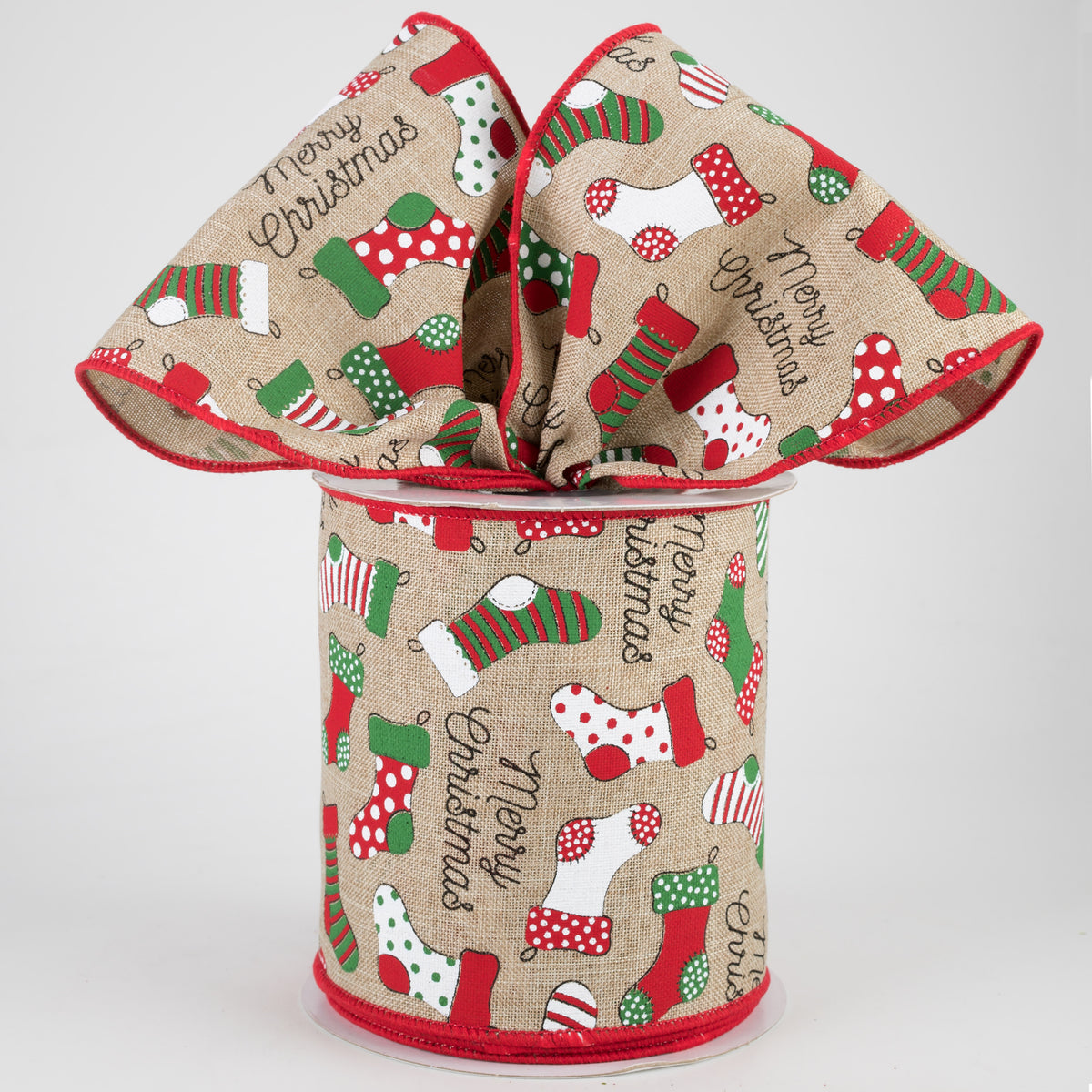 4" Christmas Stockings Ribbon: Natural (10 Yards) Lifestyle Photo