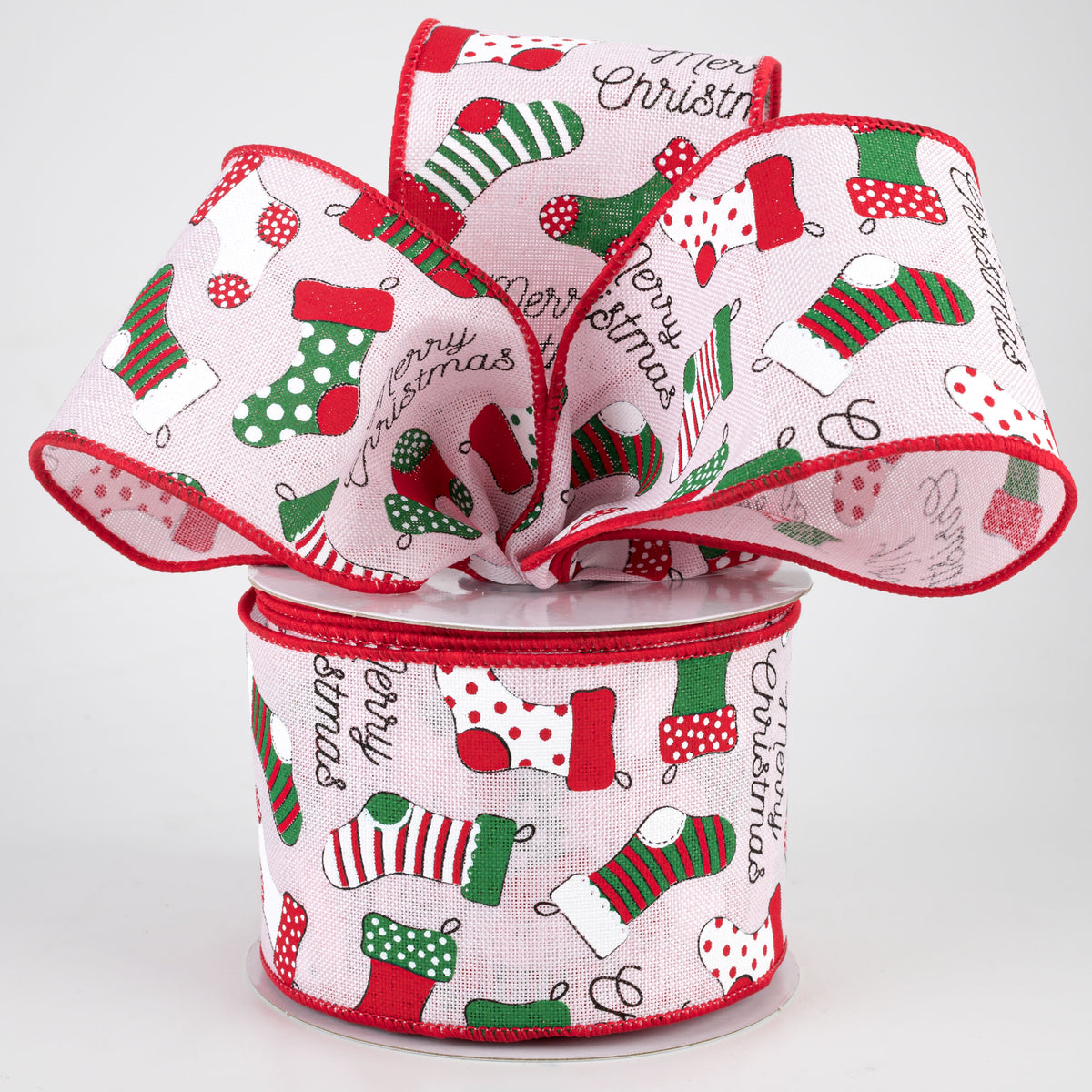 2.5" Christmas Stockings Ribbon: Pink (10 Yards) Lifestyle Photo