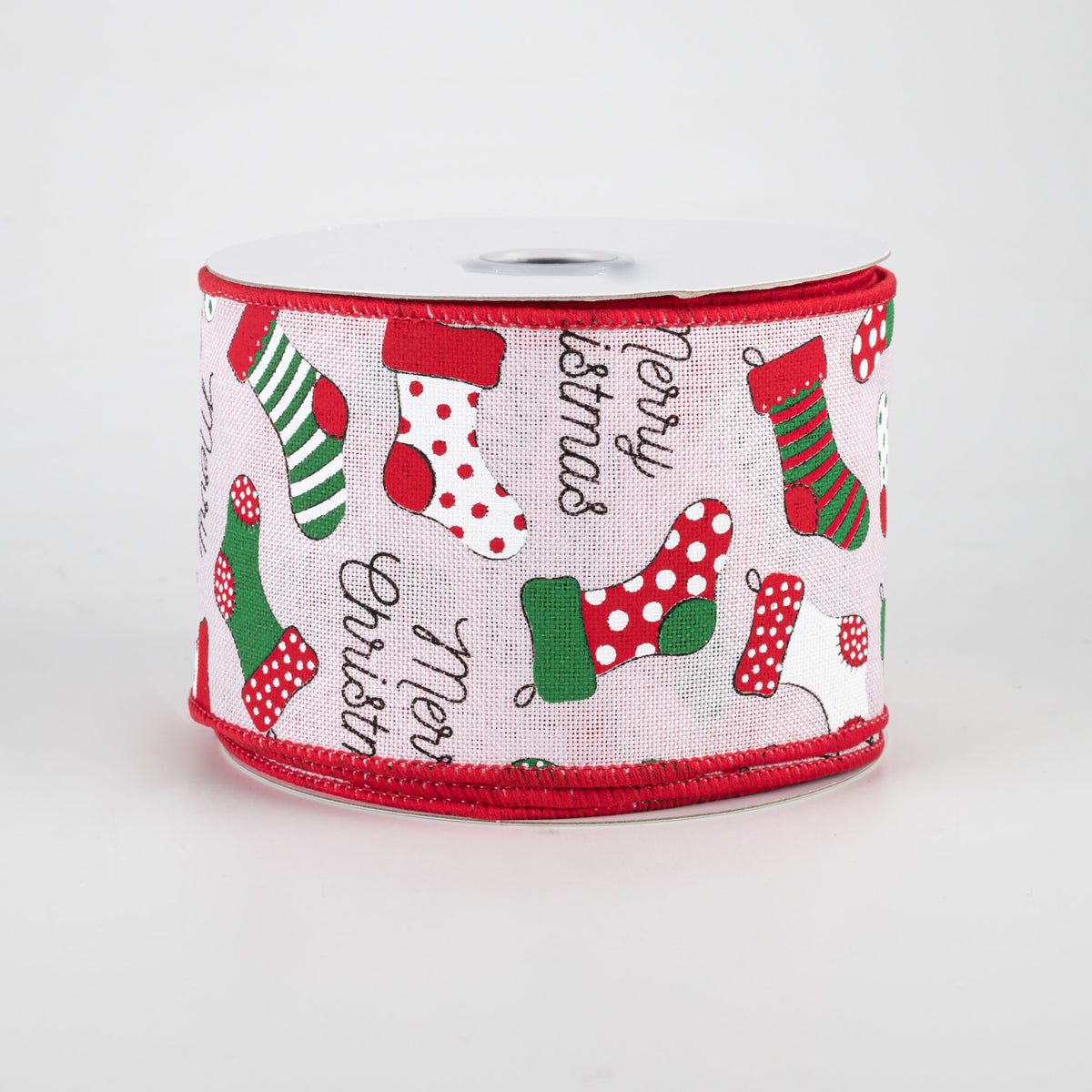 2.5" Christmas Stockings Ribbon: Pink (10 Yards)