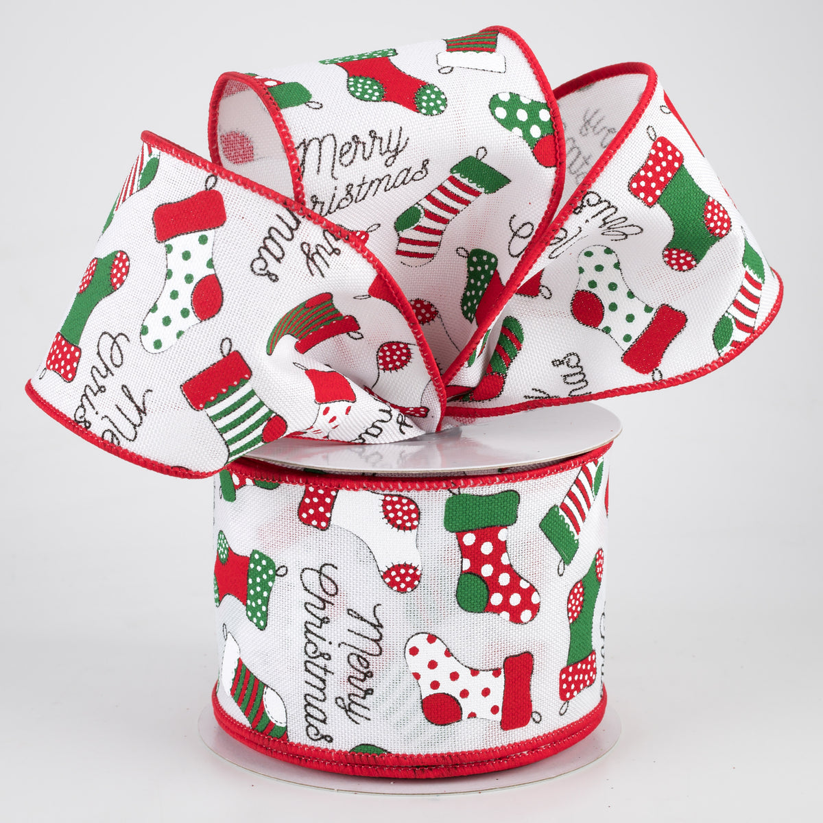 2.5" Christmas Stockings Ribbon: White (10 Yards) Lifestyle Photo
