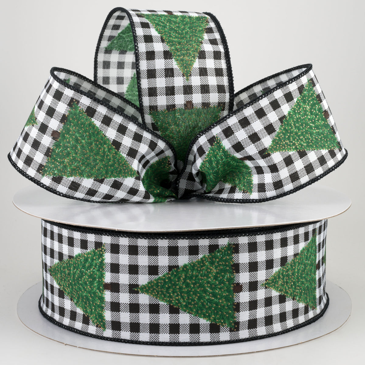2.5" Christmas Tree Gingham Check Ribbon: Black & White (50 Yards) Lifestyle Photo