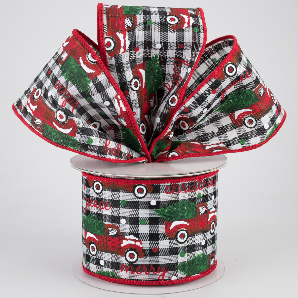 2.5" Christmas Trucks Polka Dot Check Ribbon: Black & White (10 Yards) Lifestyle Photo