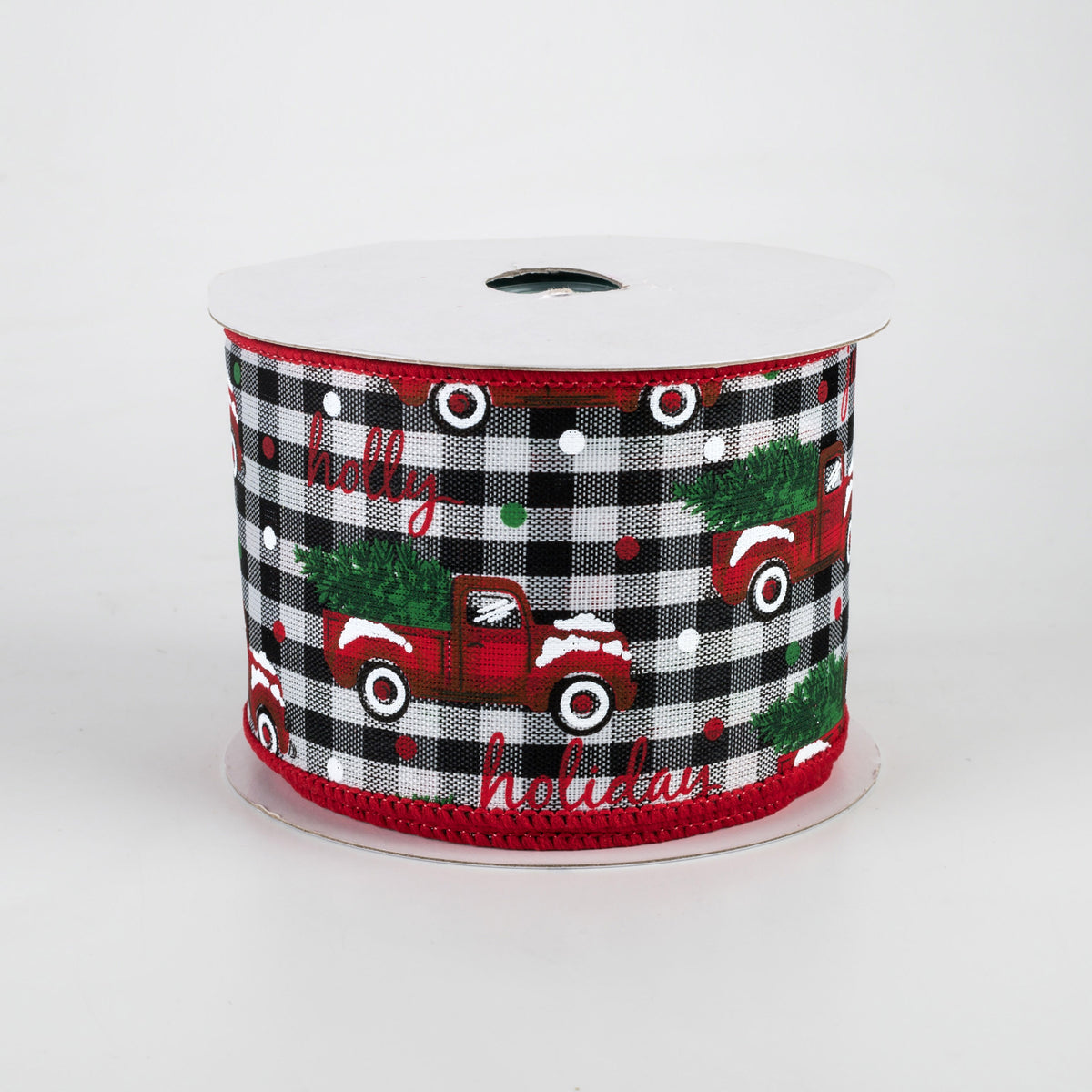 2.5" Christmas Trucks Polka Dot Check Ribbon: Black & White (10 Yards)
