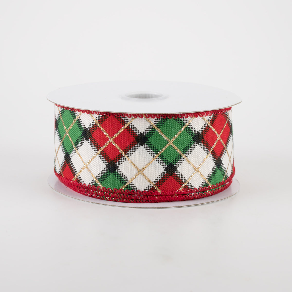1.5" Claire Plaid Ribbon: Ivory, Red, Green (10 Yards)