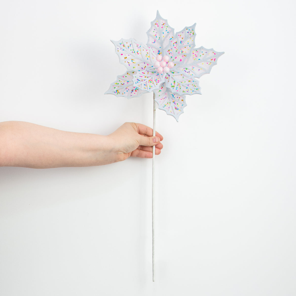 22" Confetti Poinsettia Stem: Pink & White detail photo 3