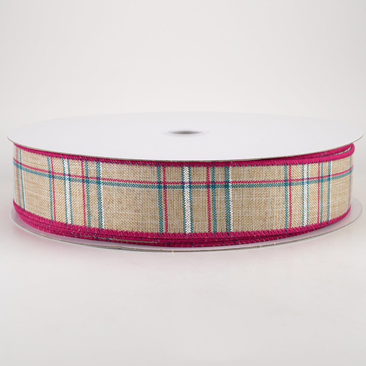 1.5" Cornelia Plaid Ribbon: Natural, Fuchsia, Turquoise & White (50 Yards) Item Number: 841-09-239
