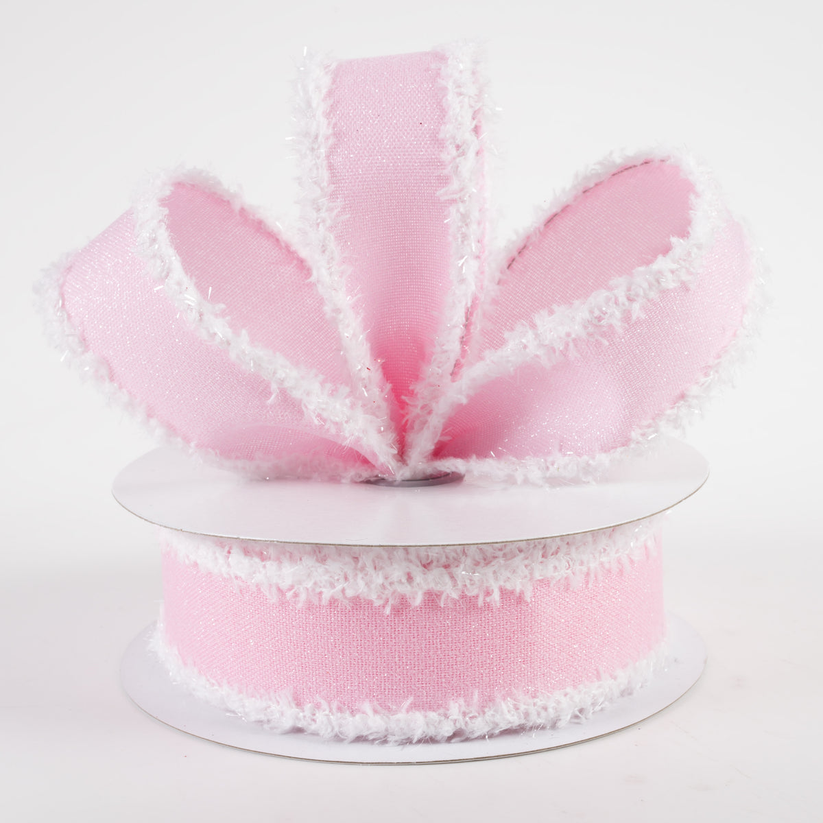 1.5" Crystal Shine Fuzzy Edge Ribbon: Pink & White (10 Yards) Lifestyle Photo