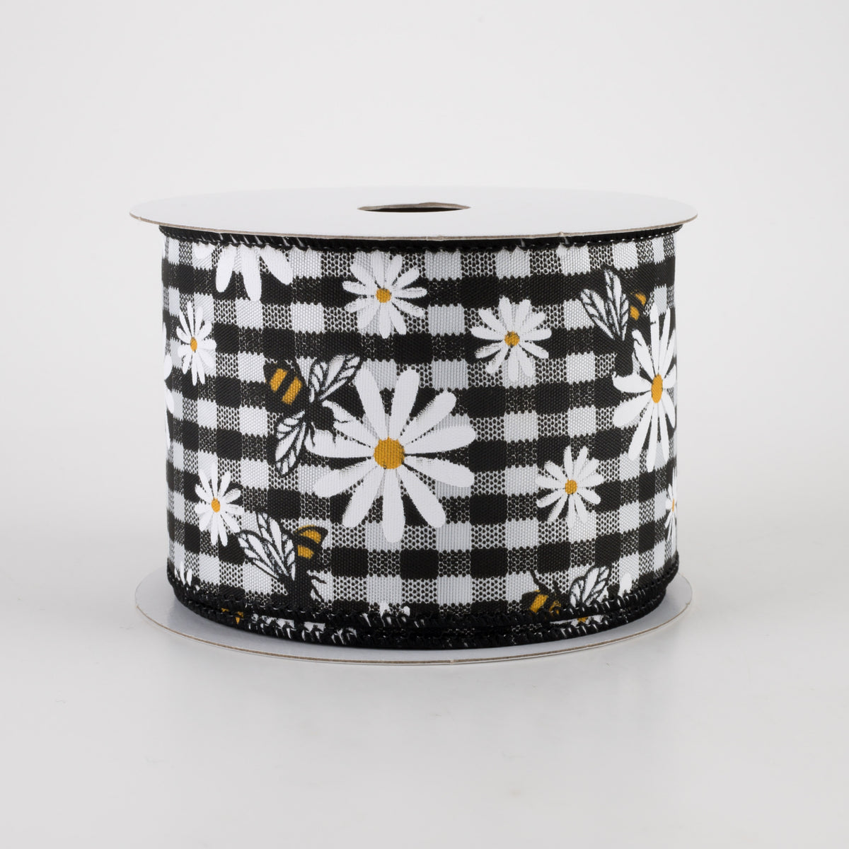 2.5" Daisies & Bees Ribbon: Black & White Gingham (10 Yards)