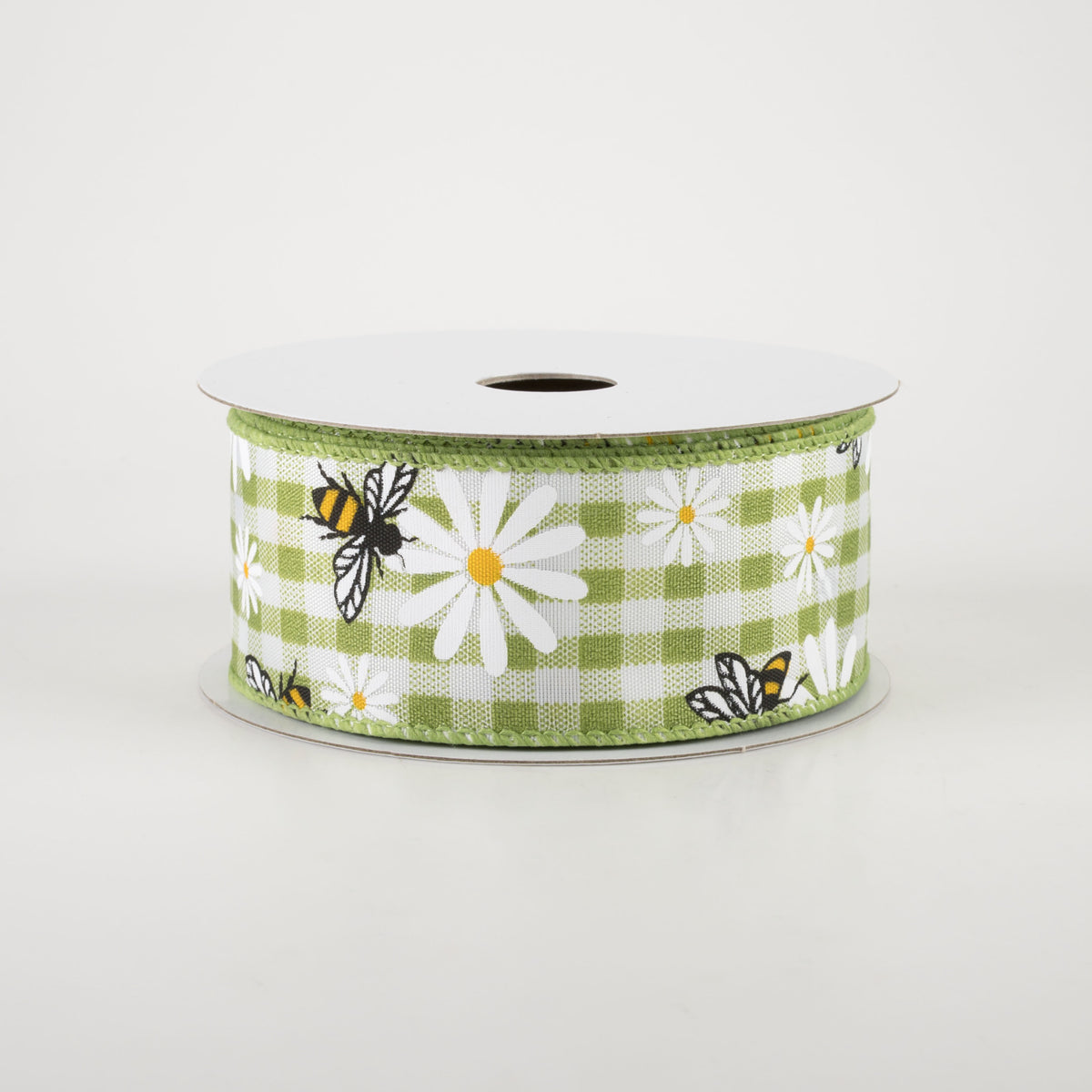 1.5" Daisies & Bees Ribbon: Sage Green Gingham (10 Yards) Item Number: 41232-09-29