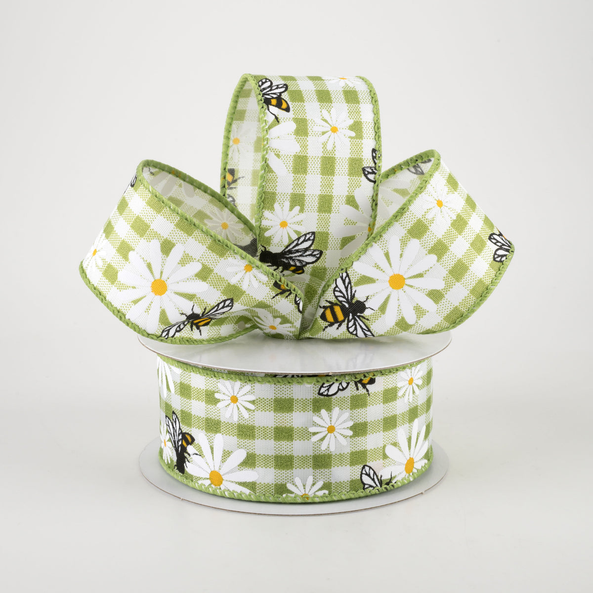 1.5" Daisies & Bees Ribbon: Sage Green Gingham (10 Yards) Lifestyle Photo