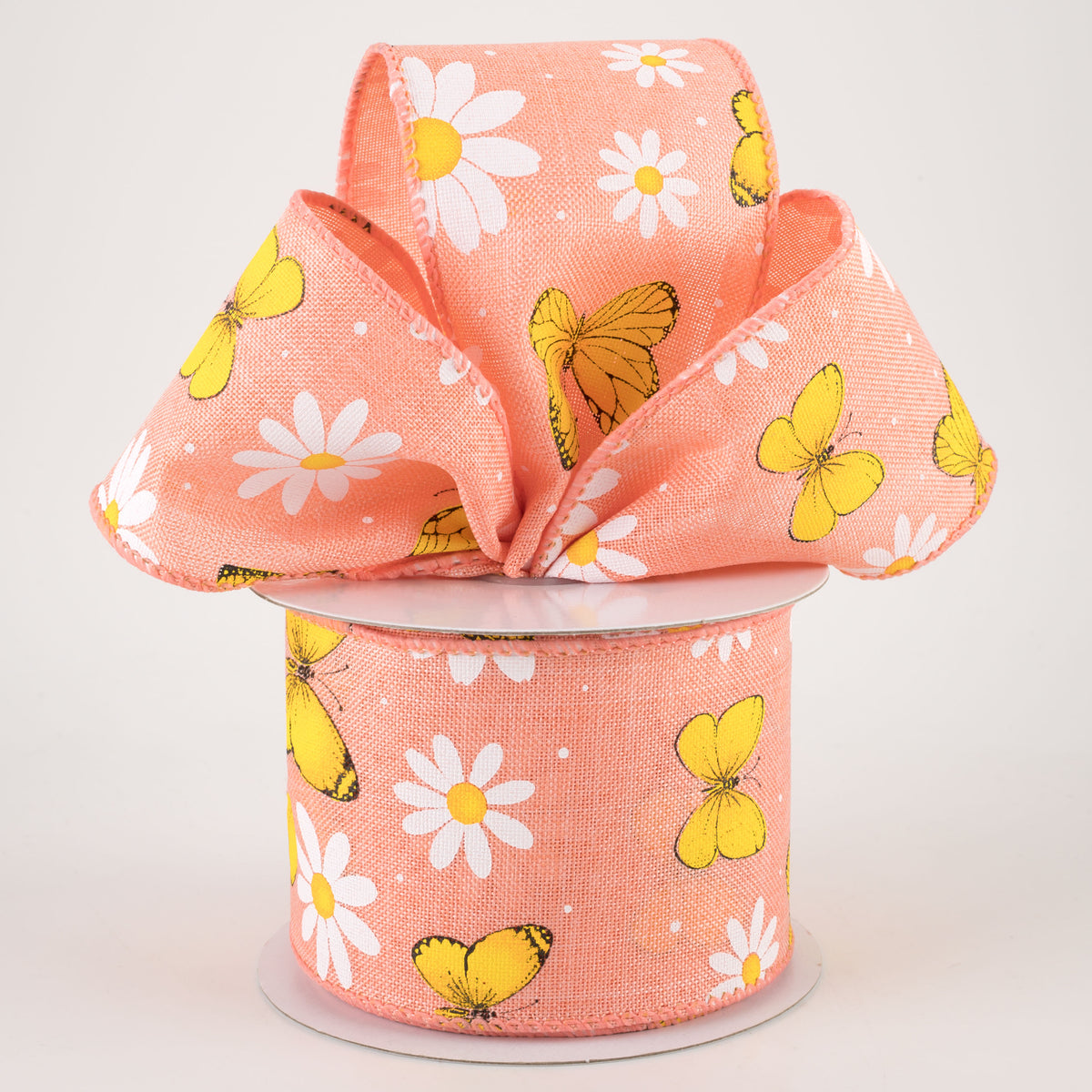 2.5" Daisies & Butterflies Linen Ribbon: Coral (10 Yards) Lifestyle Photo