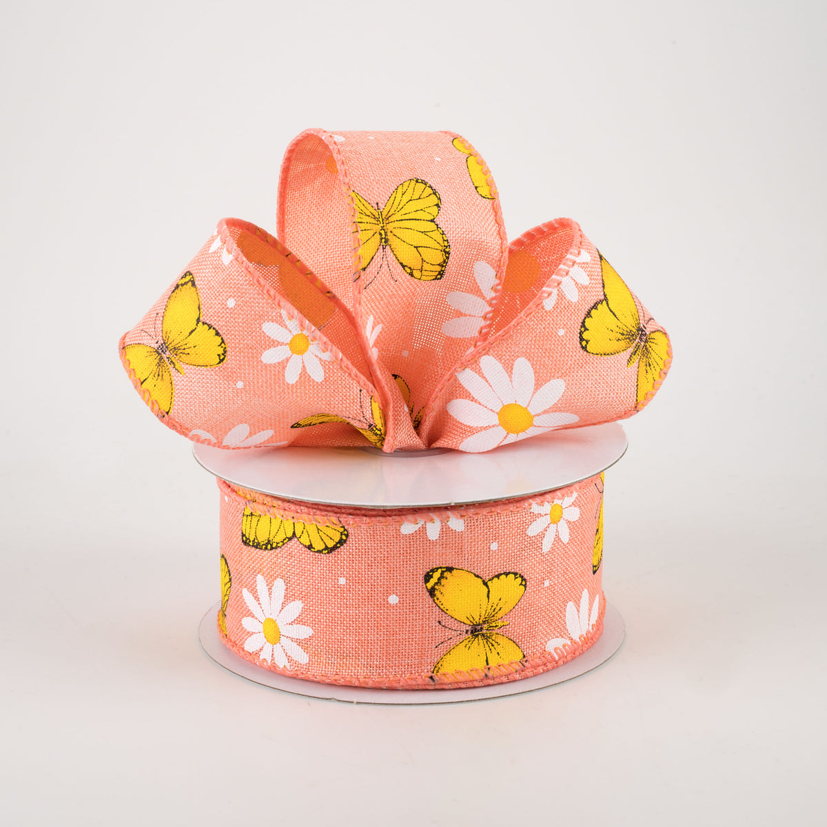 1.5" Daisies & Butterflies Linen Ribbon: Coral (10 Yards) Lifestyle Photo