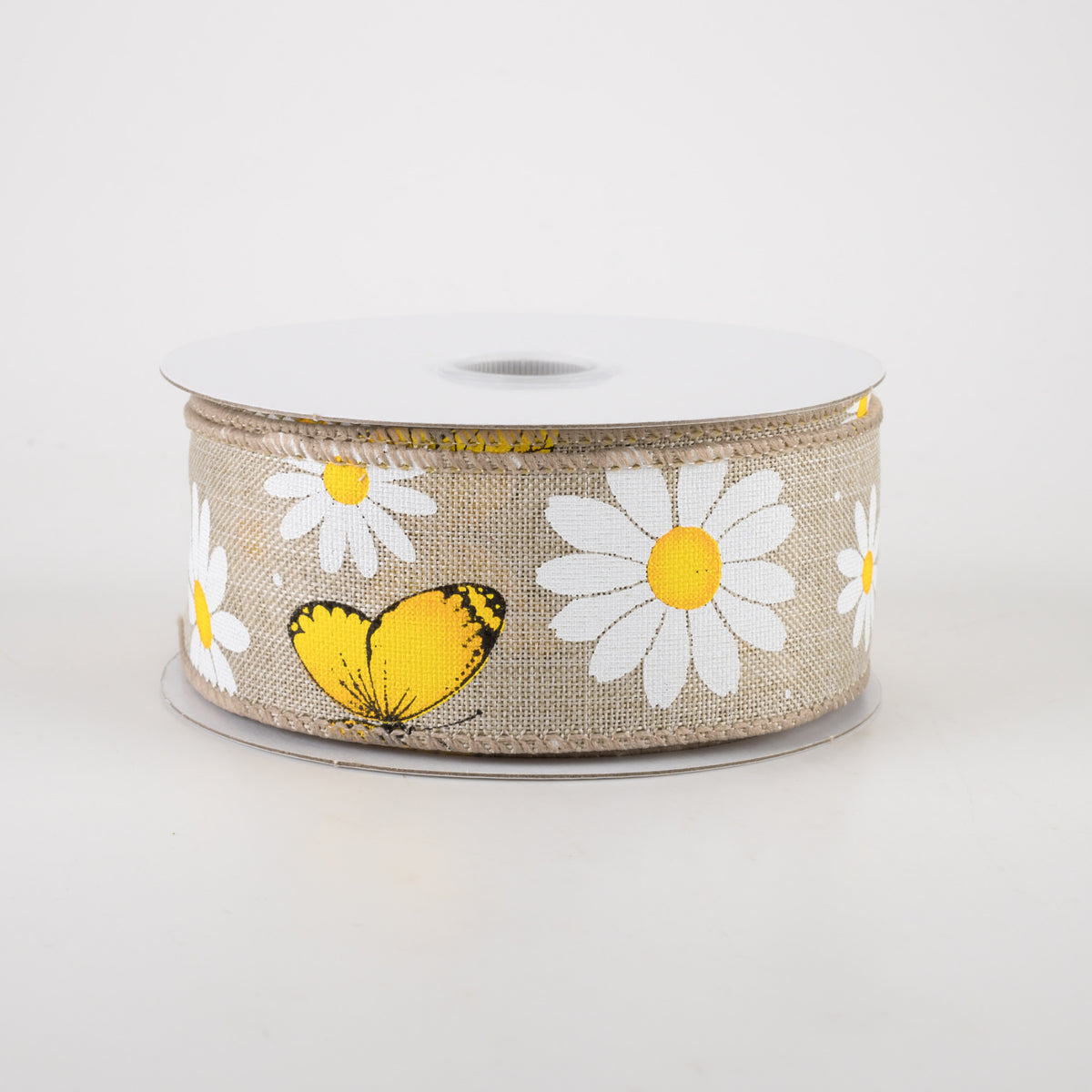 1.5" Daisies & Butterflies Linen Ribbon: Natural (10 Yards)