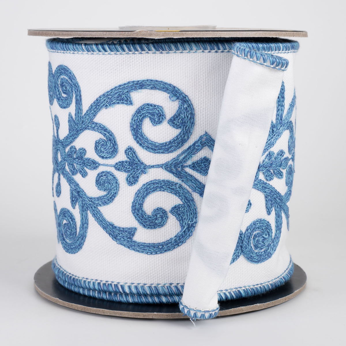 4" Damask Embroidered Canvas Fused Ribbon: White & Blue (5 Yards) Item Number: RR0032