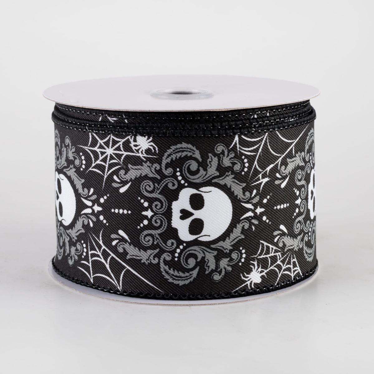 2.5" Damask Skull Ribbon: Black & Grey (10 Yards)