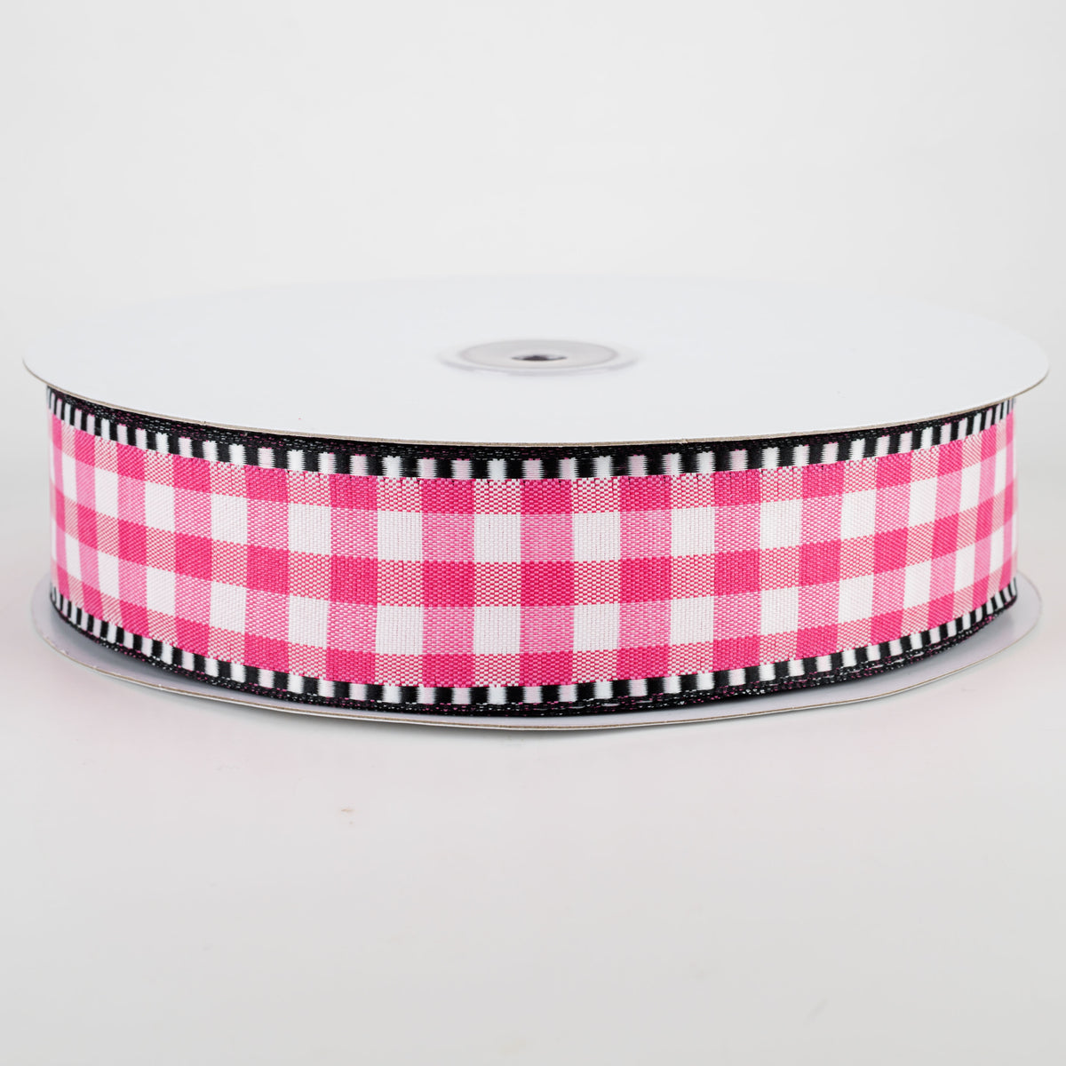 1.5" Dashed Edge Check Plaid Ribbon: Fuchsia & White (50 Yards) Item Number: 847-09-159