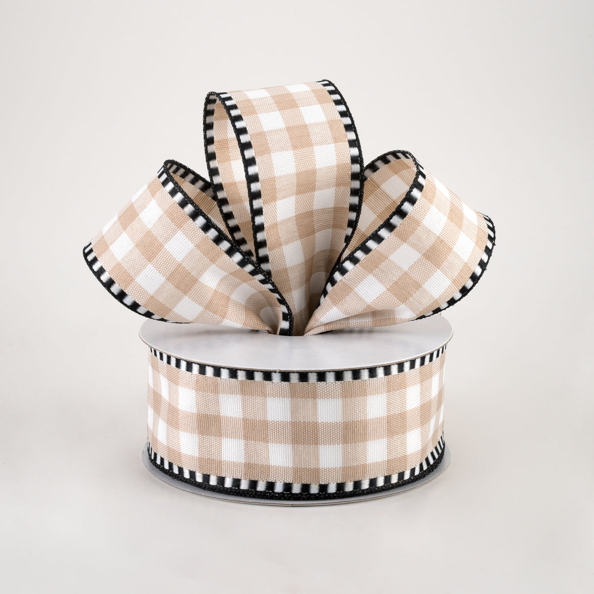 1.5" Dashed Edge Check Plaid Ribbon: Natural & White (10 Yards) Lifestyle Photo