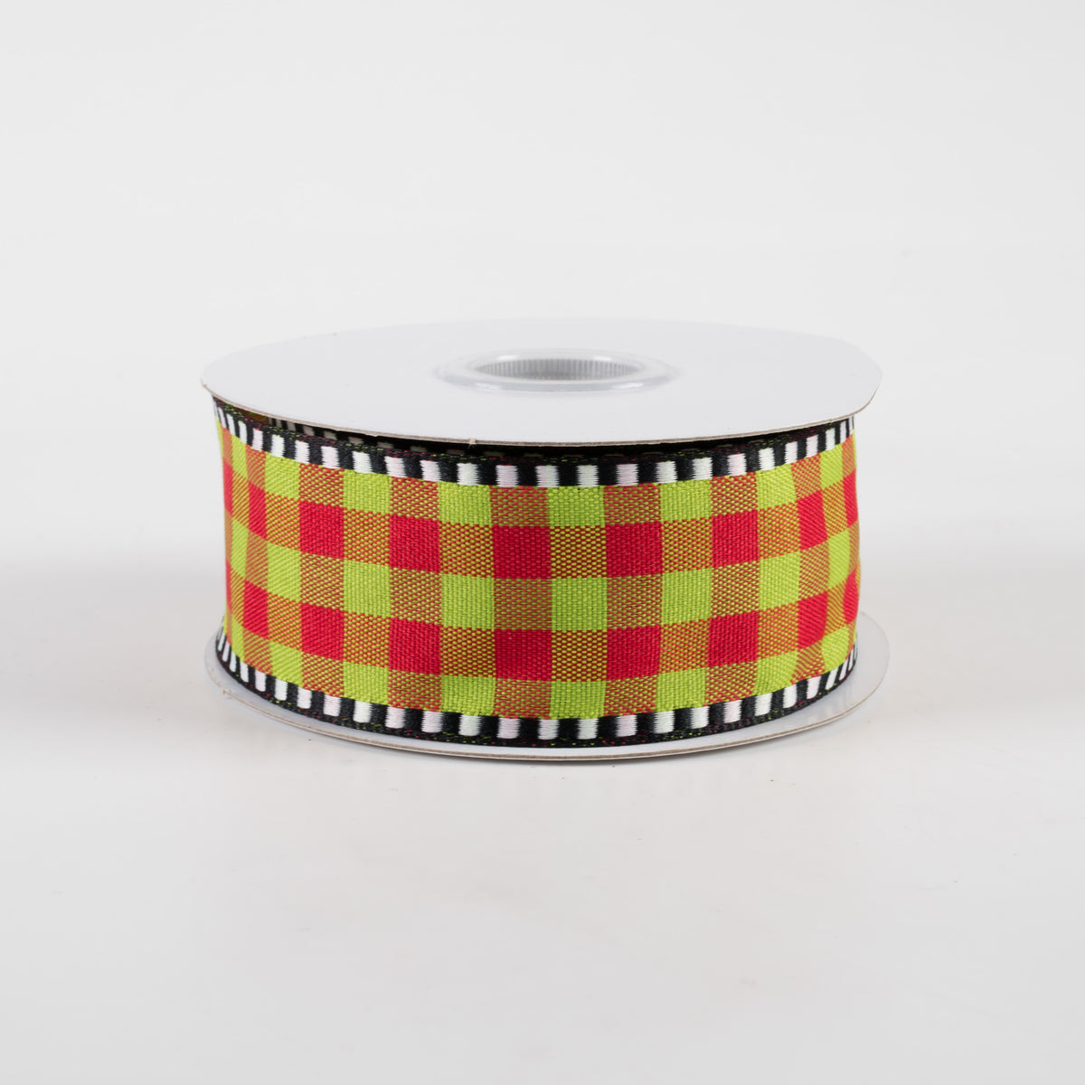 1.5" Dashed Edge Check Plaid Ribbon: Red & Lime (10 Yards)
