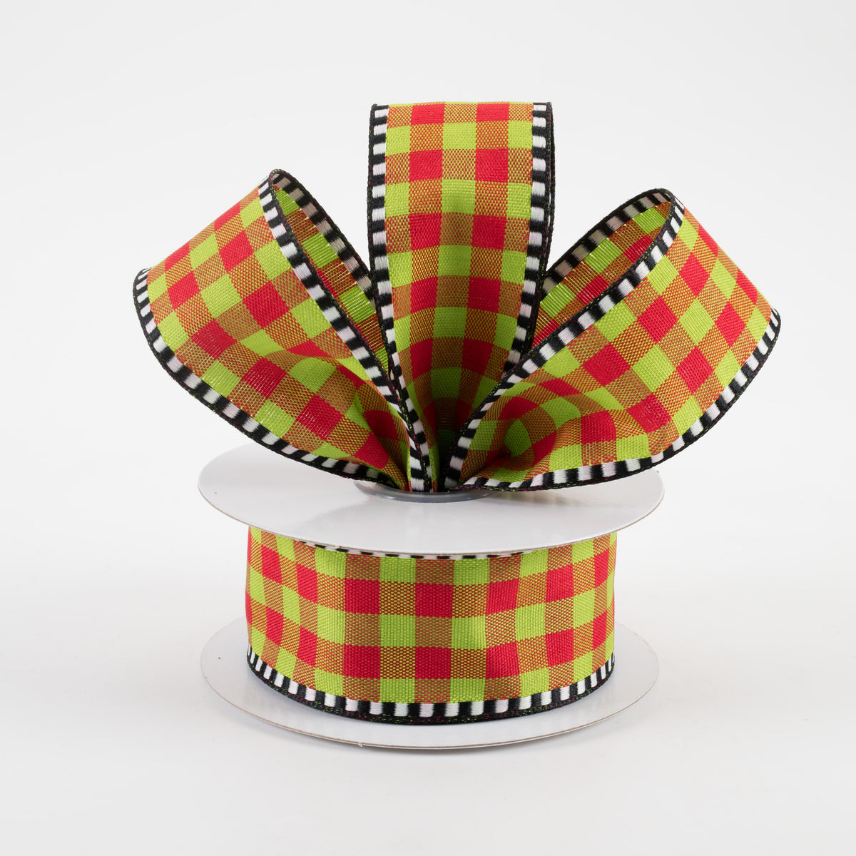 1.5" Dashed Edge Check Plaid Ribbon: Red & Lime (10 Yards) Lifestyle Photo