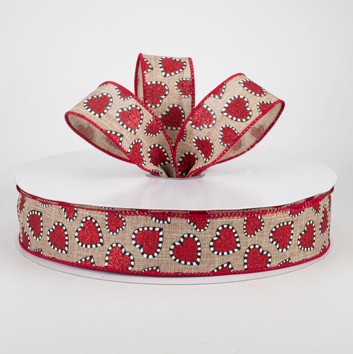 1.5" Dashed Edge Glitter Heart Ribbon: Natural (50 Yards) Lifestyle Photo