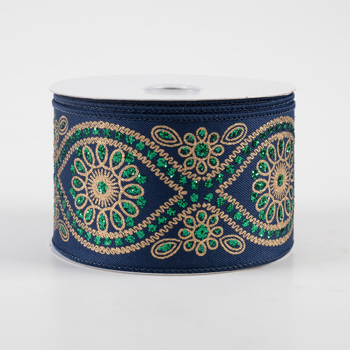 2.5" Deluxe Wavy Floral Ribbon: Navy, Gold, Emerald (10 Yards)