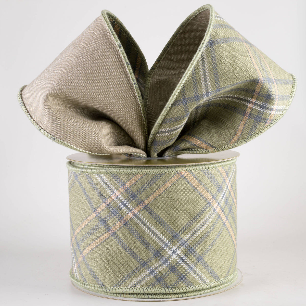 4" Designer Chambray Back Plaid Ribbon: Green & Natural (10 Yards) Lifestyle Photo